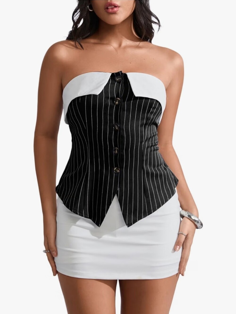 Strapless Pinstripe Bustier Dress in Black and White
